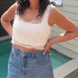 Pearl-Studded White Crop Top